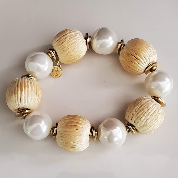 Spartina 449 Jewelry - Spartina 449 Bahia Stretch Bracelet with Pearls & Raffia Beads Gold Plate Beachy